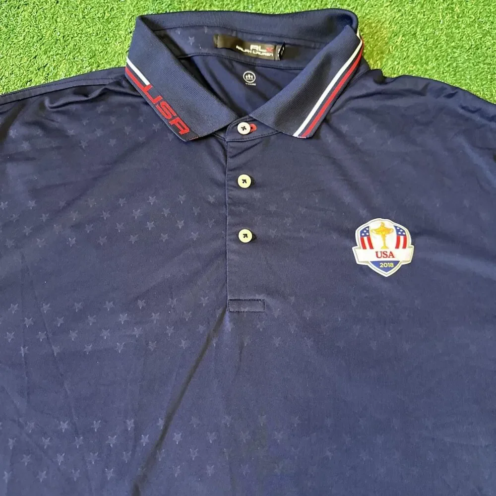 RLX Ralph Lauren Athletic Polo Shirt Mens 2XL Blue USA Open 2018 Patch Flag Logo